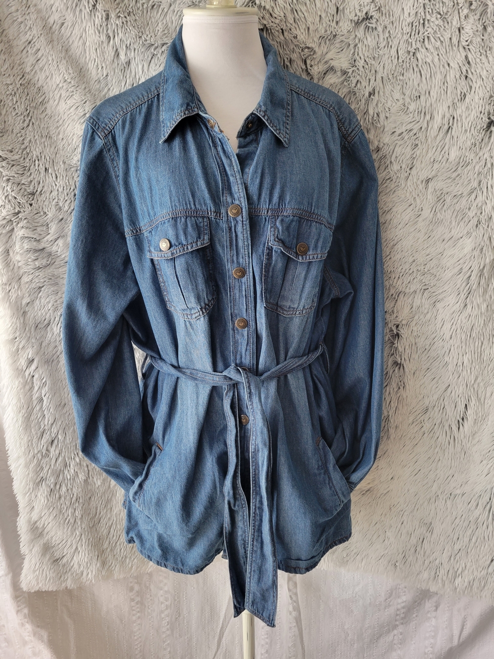 Woman Within Blue Denim Jean Jacket with Waist Tie
